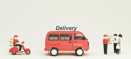 E-commerce concept, Delivery service from front store, Transportation delivery by Vans, truck and motorbike scooter and product packages, gift boxes, tree low polygon on yellow tone 3d rendering photo