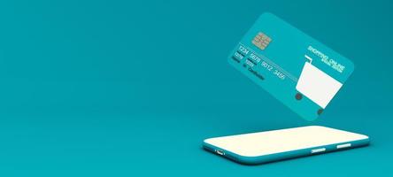 Close up of shopping online design on credit card, levitating template mockup Bank credit card with online service isolated on pink background, digital coin, wallet, copy space 3d rendering photo