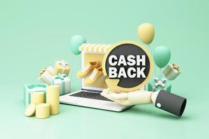 promotion on purchase and special discounts in online shopping surrounded by boxes and cash with refund service cash back financial payment label concept and saving money. pastel background 3d render photo