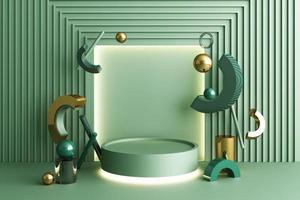 Minimal abstract geometric background with direct sunlight in shades of green and yellow. Showcase scene with empty podium for product presentation 3d rendering photo