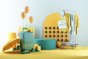 Summer shopping concept with luggage surrounded by umbrellas, shoes and cameras along with airplane models and clothes on hanger trendy geometric shapes with product stand 3d rendering photo