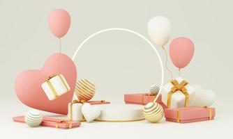 Romantic creative composition. Happy Valentine's Day. Realistic 3d festive decorative objects, heart shaped balloons and love, falling gift box, glitter gold. Holiday banner and poster. 3d render photo