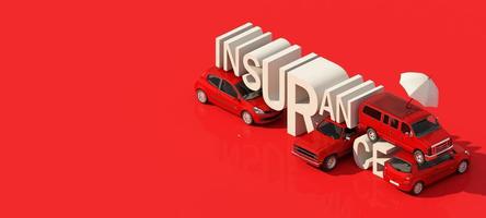 Car protection and safety assurance concept, modern red automobile sedan truck van under white text font and umbrella, isolated on red background, 3d illustration rendering isometric photo