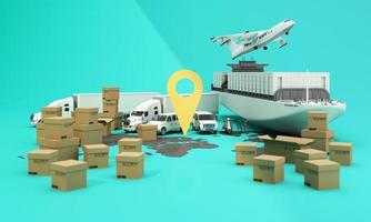 the Earth world map surrounded by cardboard boxes, a cargo container ship, a flying plane, a car, a van and a truck with gps location on blue background 3D rendering isometric view photo