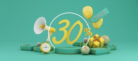 Great discount banner design with SALE text phrase on green and yellow background with gift box, shopping cart bag and alarm clock elements megaphone with product stand 3d rendering