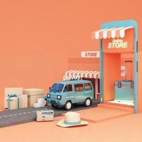 Marketplace online illustration, 3d style internet multi vendor store on laptop computer and phone screen with multi vendor stores Shop sign in orange tones and open 24 hours 3d rendering illustration photo