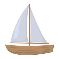barco de madera con ilustración de vector de color de vela en estilo de dibujos animados sobre un fondo blanco.