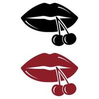 labios de mujer con cereza. icono de plantilla, garabato. ilustración vectorial de labios de mujer sexy. sonríe, besa vector