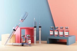 Covid-19 self test kit with vaccine and medicine on background. 3d rendering photo