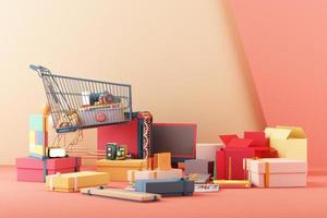 Mobile phone represent of Shopping Online on Mobile screen Application Concept Digital marketing with gamepad and video game console on colors pastel and statistics bar 3d rendering photo