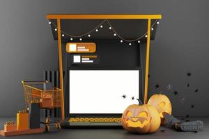 October Halloween Pumpkins head growing with geometric shape with product stand mock up for present on color background 3d rendering photo