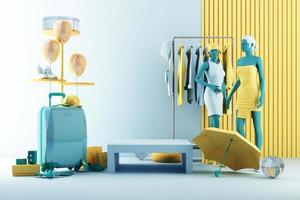 Summer shopping concept with luggage surrounded by umbrellas, shoes and cameras along with airplane models and clothes on hanger trendy geometric shapes with product stand 3d rendering photo