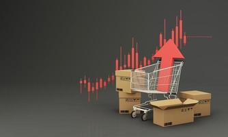 Shopping cart with red upward arrow Surrounded by cardboard boxes and stock charts on the back that are constantly rising in inflation concept. on a black background 3d render photo