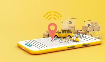 Fast delivery by scooter bike and van with mobile. E-commerce concept. Online food and shopping crate box order with route map. Webpage, app design. yellow and blue background. perspective 3d render photo