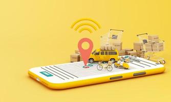 Fast delivery by scooter bike and van with mobile. E-commerce concept. Online food and shopping crate box order with route map. Webpage, app design. yellow and blue background. perspective 3d render photo