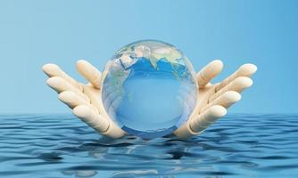 World water day saving water quality campaign and environmental protection concept. Globe sphere floating over water with faucet and water drop on a blue isolated background. 3d rendering illustration photo
