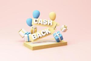 promotion on purchase and special discounts in online shopping surrounded by boxes and cash with refund service cash back financial payment label concept and saving money. pastel background 3d render photo