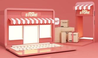 ilustración en línea del mercado, tienda de múltiples proveedores de Internet de estilo 3d en una computadora portátil y pantalla de teléfono con tiendas de múltiples proveedores que firman en tonos naranjas y abren las 24 horas ilustración de representación en 3d foto