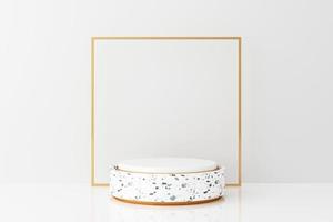Minimal abstract geometric background with direct sunlight in shades of green and yellow. Showcase scene with empty podium for product presentation 3d rendering photo