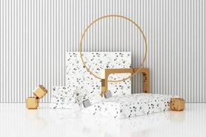 Minimal abstract geometric background with direct sunlight in shades of green and yellow. Showcase scene with empty podium for product presentation 3d rendering photo