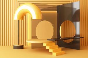 Minimal abstract geometric background with direct sunlight in shades of green and yellow. Showcase scene with empty podium for product presentation 3d rendering photo