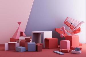 Clothes mannequins a hanger surrounding by bag and market prop with geometric shape on the floor in pink and blue color. 3d rendering photo