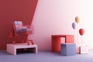 Clothes mannequins a hanger surrounding by bag and market prop with geometric shape on the floor in pink and blue color. 3d rendering photo