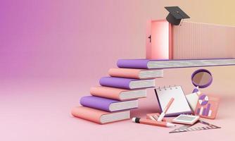 concepto de aprendizaje con papel blanco a bordo rodeado de gorra graduada, libros abiertos, globo, regla, gráfico estadístico, lápiz y lupa sobre fondo rosa y morado 3d renderizado foto