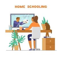 Online education, home schooling. Girl sitting in front of computer with teacher on the screen. Distant learning during quarantine concept. Flat vector illustration.