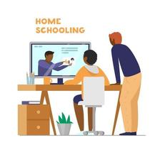 educación en el hogar o concepto de aprendizaje en línea. niño afroamericano aprendiendo en línea en casa. profesor en pantalla. papá parado cerca. ilustración vectorial plana. vector