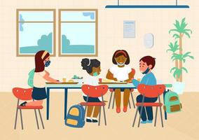 Different Races Elementary School Pupils In Protective Masks Having Lunch In School Cafeteria. New Normal Education Concept. Coronavirus Covid-19. Flat Vector Illustration.