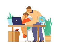 Homeschool or online education. Dad or tutor with child in front of laptop learning. Cozy workplace with plants. Flat vector illustration.