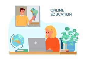 Girl Sitting At Desk In Front Of Laptop Learning By Video Conference With Teacher. Online Or Distant Education. Geography Lesson. Study From Home. Flat Vector Illustration.