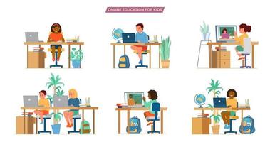 Online Education For Children Vector Set. Different Ethnicity Boys And Girls Sitting At Desks In Front Of Laptops Learning.