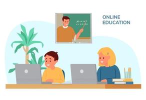 Brother And Sister Sitting At Desk In Front Of Laptops Learning Maths By Video Conference With Teacher. Online Or Distant Education. Study From Home. Flat Vector Illustration.