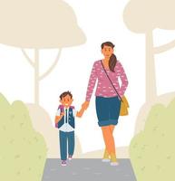 madre e hijo yendo a la escuela. niño de escuela primaria en uniforme con mochila sosteniendo la mano de la madre. ilustración vectorial vector