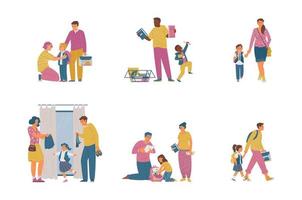 Back To School Vector Collection. Parents With Children Getting Ready For School, Buying Supplies, Uniform, Packing School bag, Walking To School.