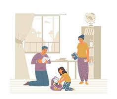 Parents Helping Daughter To Pack Schoolbag. Primary School Girl Getting Ready For School. Flat Vector Illustration.