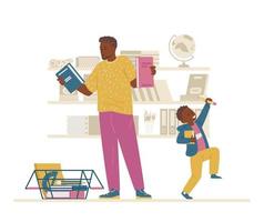 familia afroamericana comprando útiles escolares. padre e hijo de primer grado preparándose para la escuela. ilustración vectorial vector