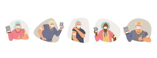 Vaccinated Elderly people flat vector collection.  Senior men and women in face masks show hands with patch holding phones with health passport.