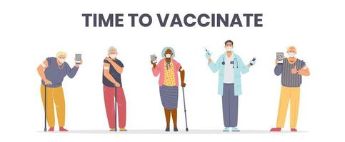banner horizontal de vector plano de vacunación de personas mayores. hombres y mujeres mayores con máscaras faciales vacunados con teléfonos con pasaporte de salud. médico con vacuna y jeringa.