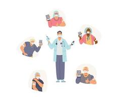 Elderly people vaccination flat vector illustration. Senior men and women in face masks vaccinated holding phones with health passport. Doctor holding vaccine and syringe.