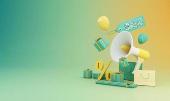Great discount banner design with SALE text phrase on green and yellow background with gift box, shopping cart bag and alarm clock elements megaphone with product stand 3d rendering