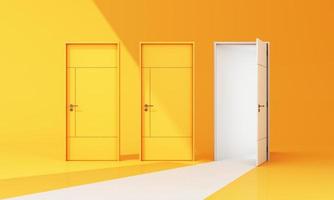 Close and open door on pastel background with sunlight shade and shadow with color balloon. 3d render photo