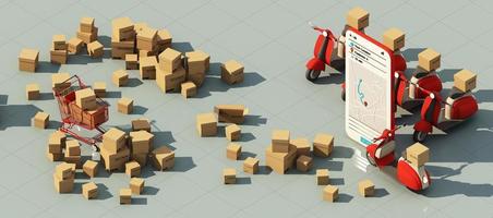 the Earth world map surrounded by cardboard boxes, a cargo container ship, a flying plane, a car, a van and a truck with gps location on blue background 3D rendering isometric view photo