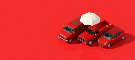 Car protection and safety assurance concept, modern red automobile sedan truck van under white text font and umbrella, isolated on red background, 3d illustration rendering isometric photo