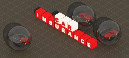 Car protection and safety assurance concept, modern red automobile sedan truck van under white text font and umbrella, isolated on red background, 3d illustration rendering isometric photo