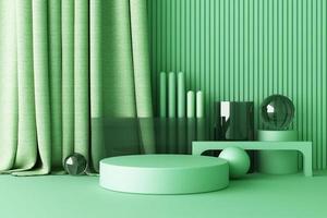 Minimal abstract geometric background with direct sunlight in shades of green and yellow. Showcase scene with empty podium for product presentation 3d rendering photo