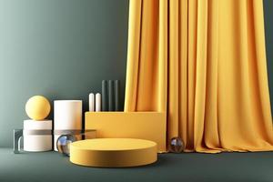 Minimal abstract geometric background with direct sunlight in shades of green and yellow. Showcase scene with empty podium for product presentation 3d rendering photo