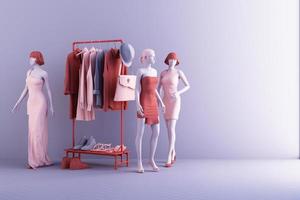 maniquíes de ropa una percha rodeada por una bolsa y un accesorio de mercado con forma geométrica en el suelo en color rosa y azul. representación 3d foto